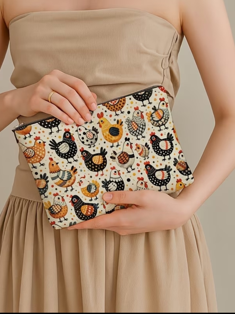Chicken Print Zipper Pouch - Cream & Black